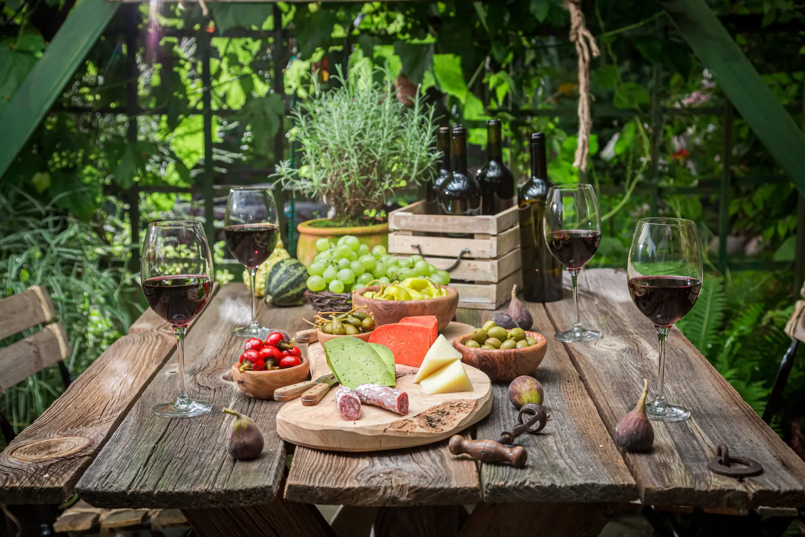 Garden table with cheese and wine Garden summer evening. Summer evening in the garden with food and wine.