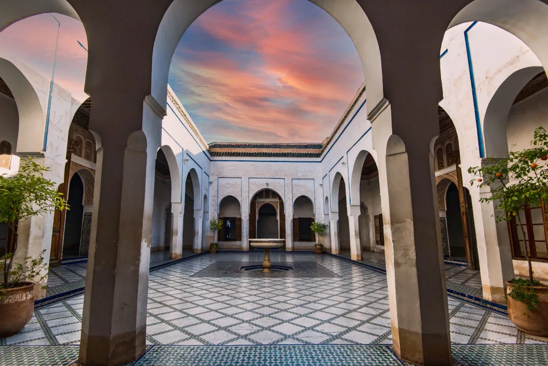 Bahia Palace with Traditional Arabic Tiles and Fountain, Marrakesh in Morocco.