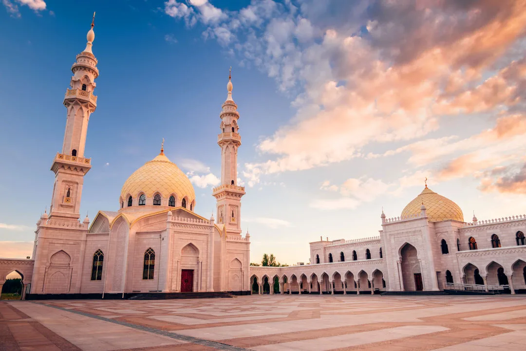 Beautiful White Mosque in the Sunset Light. Bolghar, Rusiia.