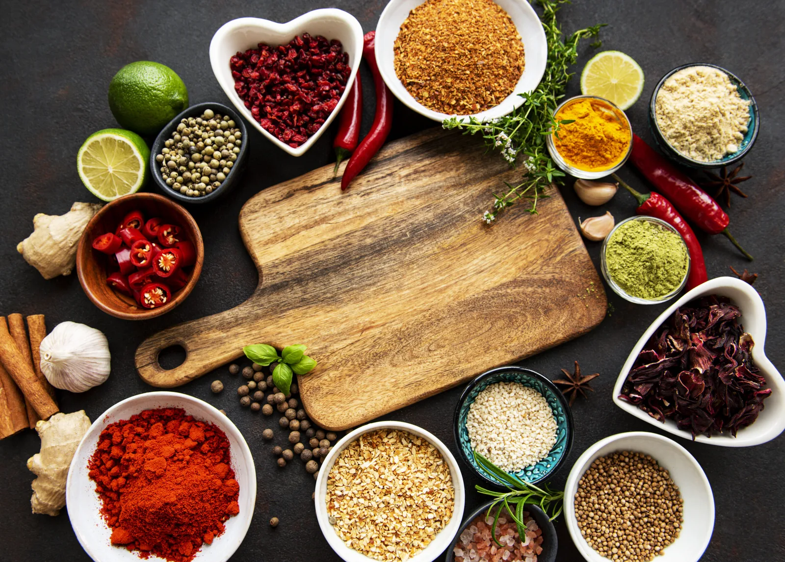 Various spices in a bowls and empty cutting board on black concrete background. Top view copy space.