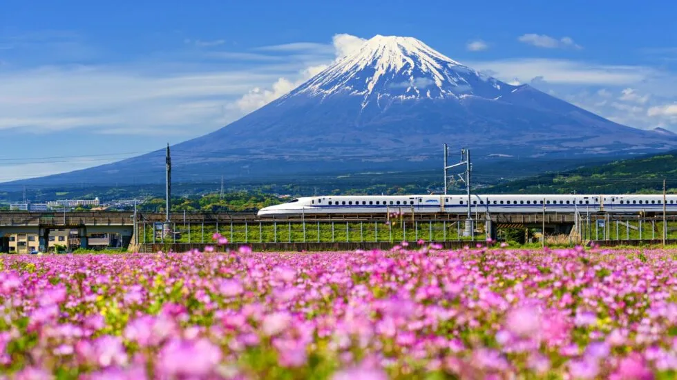 Shinkansen, tratta Kyoto – Tokyo, il Monte Fuji sullo sfondo